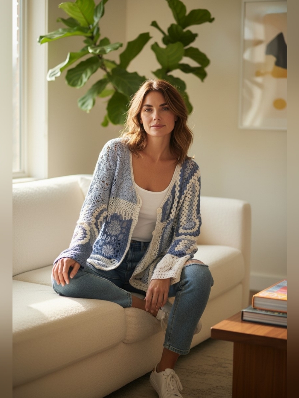 Together Blue & Cream Crochet Cardigan | Boho Patchwork Knit Sweater